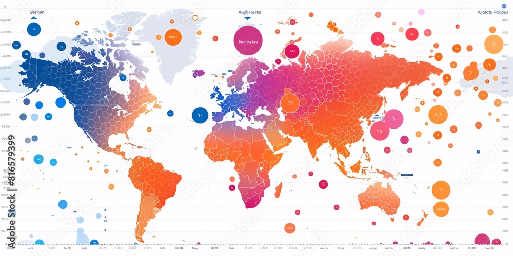 Fototapeta premium A world map covered in colorful dots representing various locations with different meanings and data points