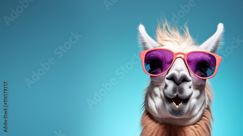 a llama wearing pink sunglasses photo