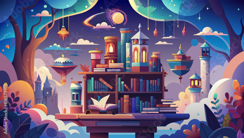 Enchanting Fantasy Library World with Floating Books and Magical Towers. Book Lovers Day