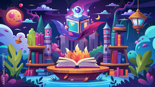 Magical Book Fountain with Floating Lanterns Under Starry Night Sky. Book Lovers Day