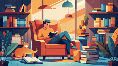 Serene Evening: Man Relaxing with Book in Cozy Home Interior. Book Lovers Day