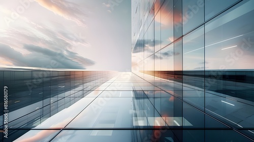 Skyscraper reflecting the sunset background. 3d rendering abstract architecture design of modern contemporary luxury building converging glass and steel. Low wide angle perspective view landscape. photo