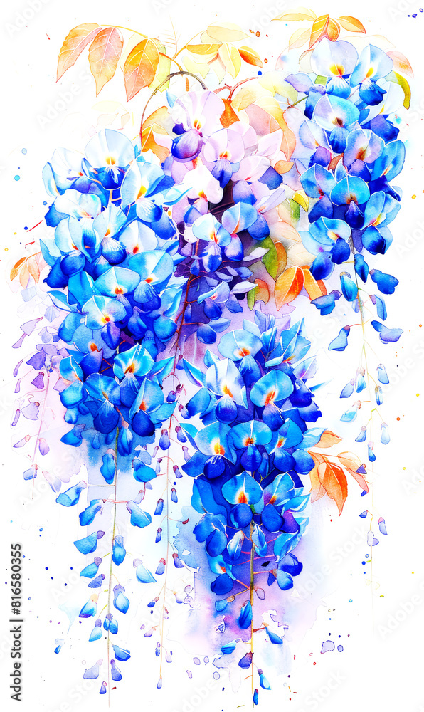 Blue wisteria flowers on white background. Watercolor illustration.