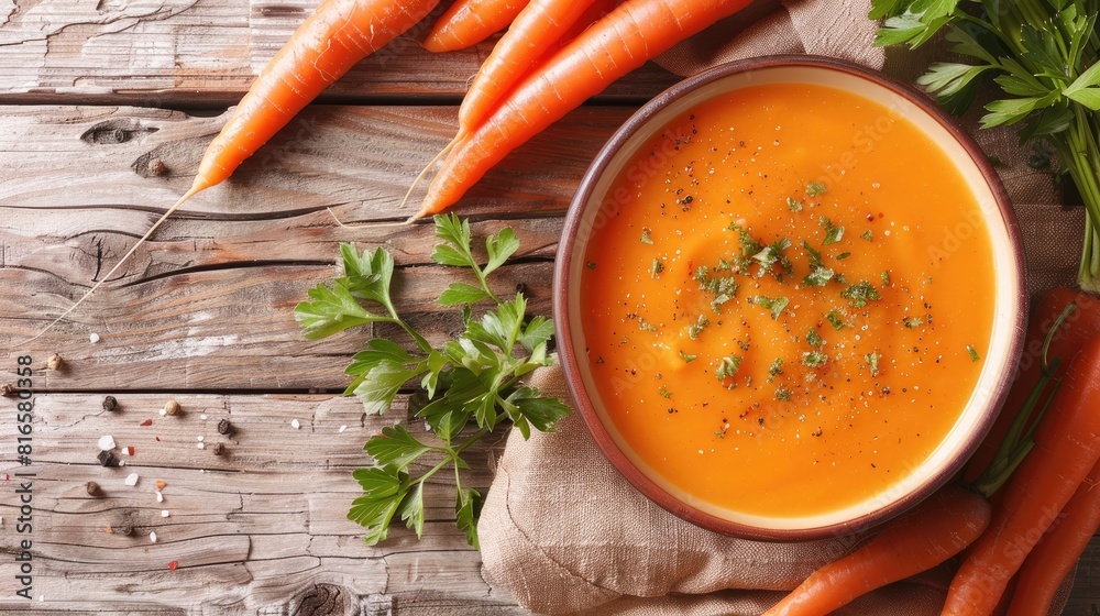 Creamy carrot soup with freshly chopped carrots on a table Creamy carrot soup with freshly chopped carrots on a table