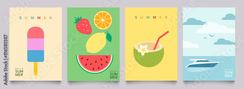 Hello summer and summer time, abstract summer poster set. Ice cream, watermelon, lemon, strawberry, cocktail, yacht at sea, sun, modern typography. Vector templates for banner, cover, postcard.