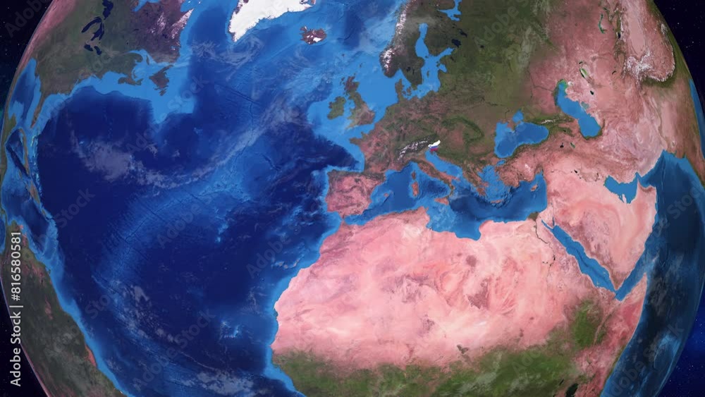 Realistic 3D Animation of Earth zooming into  Slovenia with its border highlighted with its National Flag in 4K