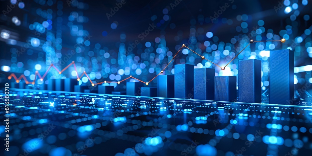 A blue background with a bar graph depicting data points and trends A blue background with a bar graph depicting data points and trends