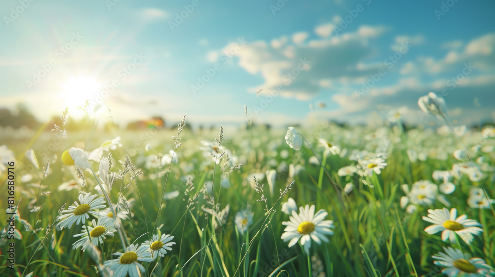 A beautiful summer landscape with a blooming daisy meadow and sunlight in a blue sky. Beautiful natural background. The panorama.