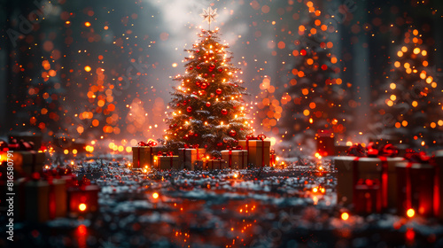 Huge Christmas Tree with Lights and Gifts in Snowy Wilderness 