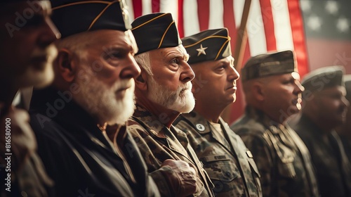 A group of elderly veterans stand in a row, saluting the American flag.