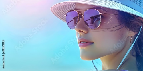 Woman exudes charm in stylish sunglasses and hat on sunny summer day. Concept Fashion, Summertime, Accessories, Stylish Outfit, Sunglasses