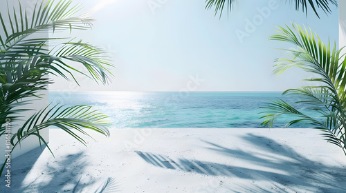 White wall with blue sea and palm leaves on background, summer vacation concept banner background
