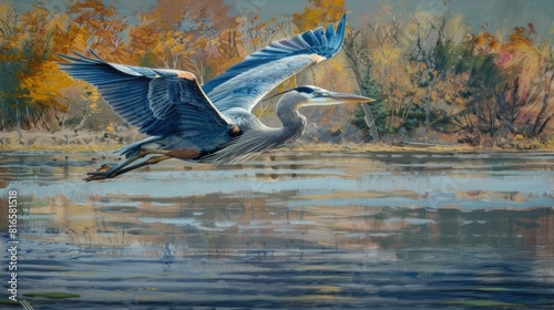 Great blue heron in flight over water with a view of lake and shore in the background photo
