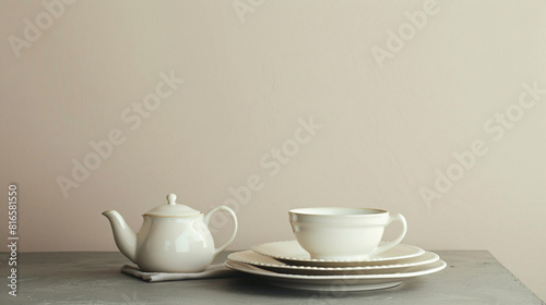 Elegant setting with plates cup and teapot on grey tab