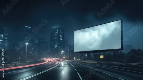 Billboard on a misty night street with city lights. Moody urban background with advertising space. The billboard advertisement  with a white background and a black border at night on highway. AIG35.