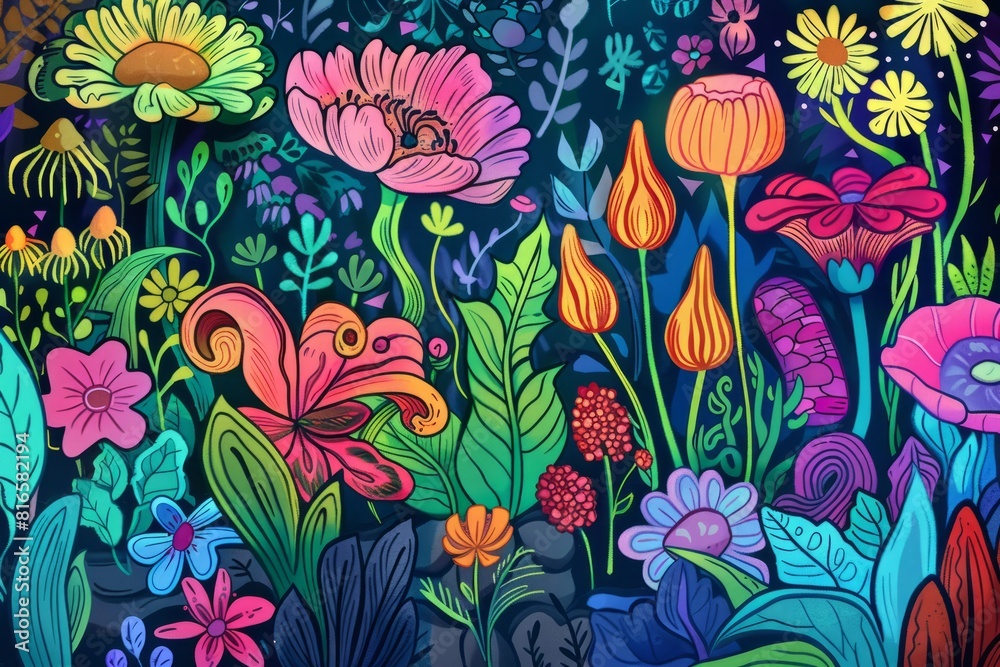 Cartoon cute doodles of a magical garden where flowers bloom with vibrant colors after being touched by an alchemist's hand, Generative AI Cartoon cute doodles of a magical garden where flowers bloom with vibrant colors after being touched by an alchemist's hand, Generative AI
