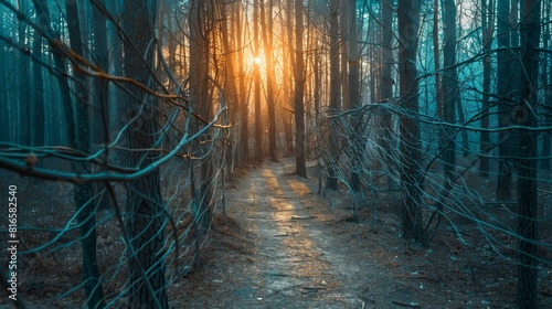 Conceptual image of fate with intertwined threads leading to different paths, twilight forest photo