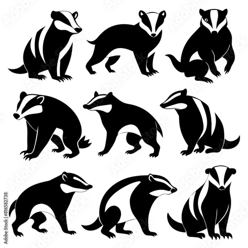 A Set of 9pcs badger Silhouette Design with white Background and Vector Illustration on white background