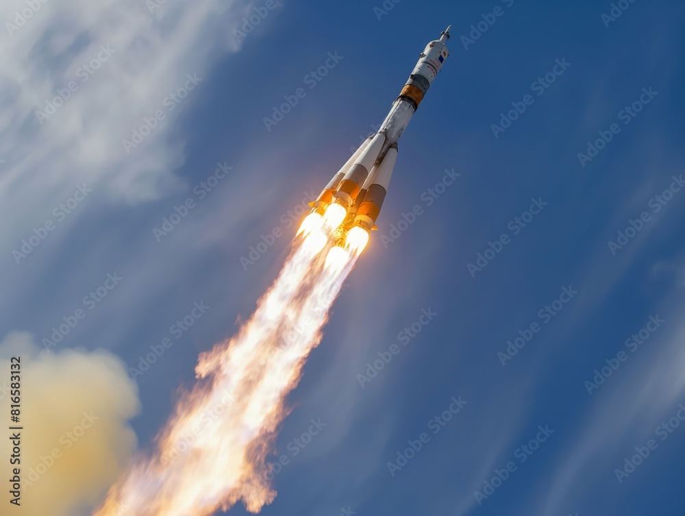 A powerful rocket ascends into the clear blue sky, leaving a trail of flames and smoke. The image captures the dynamic energy and technological marvel of space exploration.