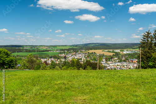Markneukirchen town with beautiful landscape around from meadow near Biesmacksaule lookout tower in Germany © honza28683