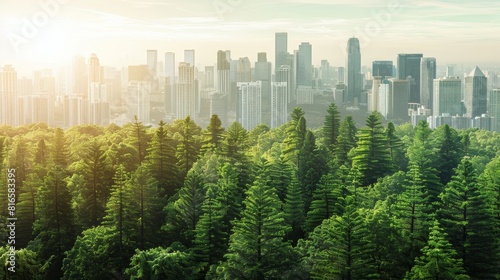 Conceptual image of sustainability  a city skyline merging with a lush forest under a clear sky