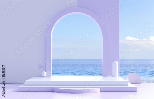 3d render, podium with arch window view to the sea and sky background, pastel purple color © trustmastertx