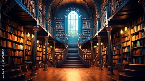 A large library with a high ceiling and a spiral staircase leading up to a balcony. There are bookshelves all around the walls and a large window at the end of the room.