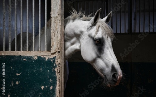 Exquisite Low-Key Portrait of a White Horse in Stable © Alexandru
