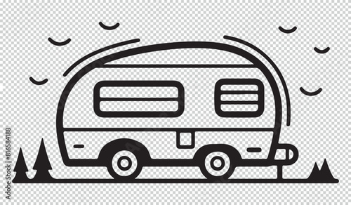 Black line art design of caravan camping, vector illustration on transparent background