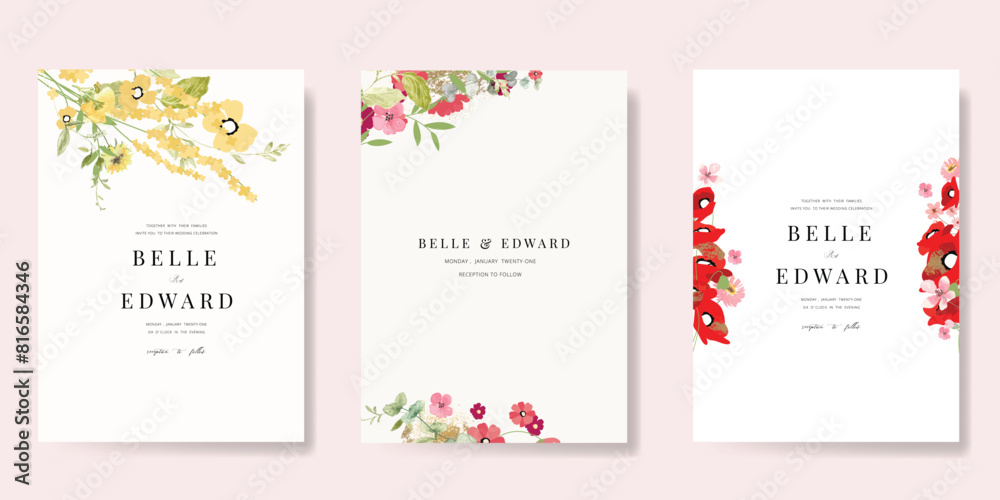 Minimal pink botanical Wedding Invitation, floral invite thank you, rsvp modern card Design in leaf and flower water color texture decorative Vector elegant rustic template