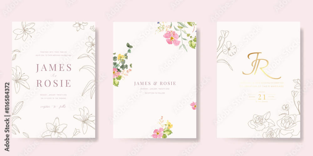 Minimal pink botanical Wedding Invitation, floral invite thank you, rsvp modern card Design in leaf and flower water color texture decorative Vector elegant rustic template