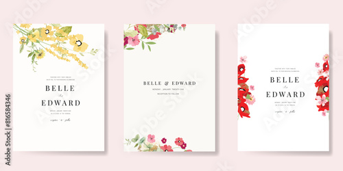 Minimal pink botanical Wedding Invitation, floral invite thank you, rsvp modern card Design in leaf and flower water color texture decorative Vector elegant rustic template