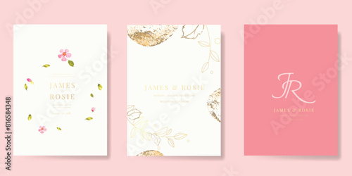 Minimal pink botanical Wedding Invitation, floral invite thank you, rsvp modern card Design in leaf and flower water color texture decorative Vector elegant rustic template