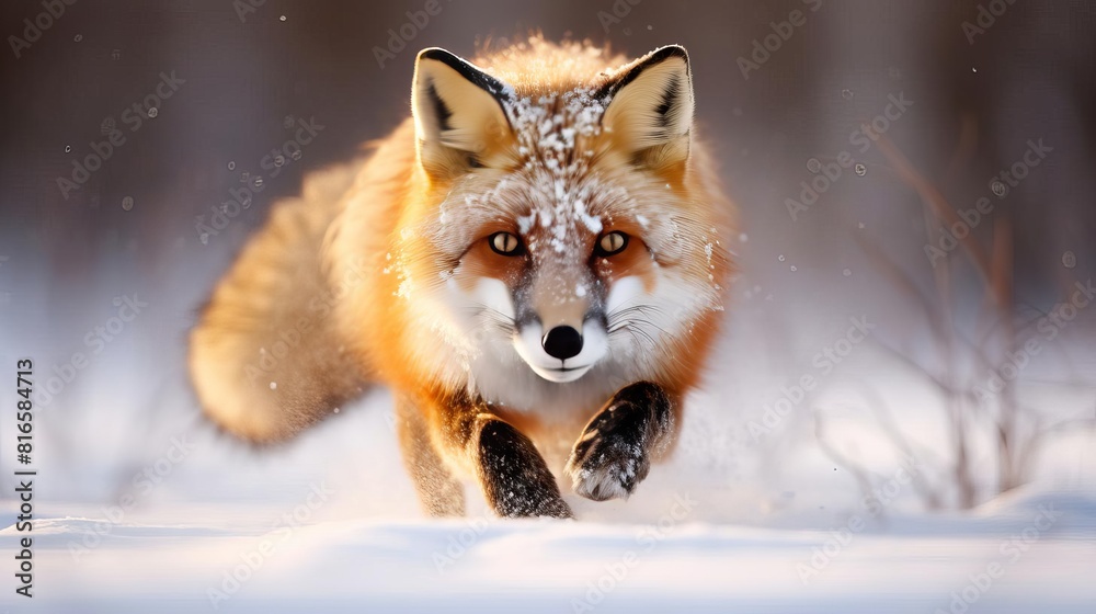 A majestic red fox runs through the snow in the forest. A majestic red fox runs through the snow in the forest.