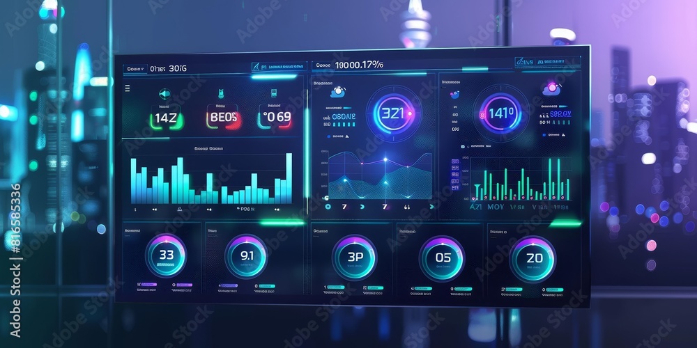 A digital dashboard showing real-time environmental stats like air quality and water levels, using sleek graphics for a smart citys control center display A digital dashboard showing real-time environmental stats like air quality and water levels, using sleek graphics for a smart citys control center display