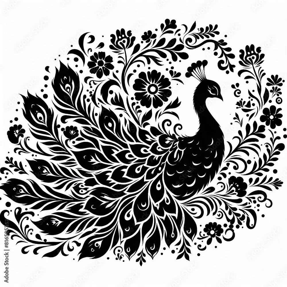 black silhouette of a peacock and floral pattern black silhouette of a peacock and floral pattern