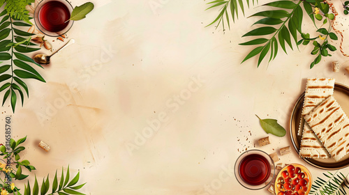 Festive banner with Passover Seder plate matza wine an photo