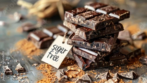 Stacked dark chocolate pieces with a 'sugar free' tag on textured surface