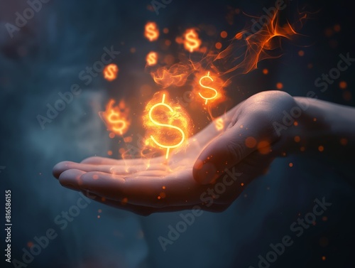 A hand holding glowing  fiery dollar signs against a dark background  symbolizing financial power  wealth  and economic energy