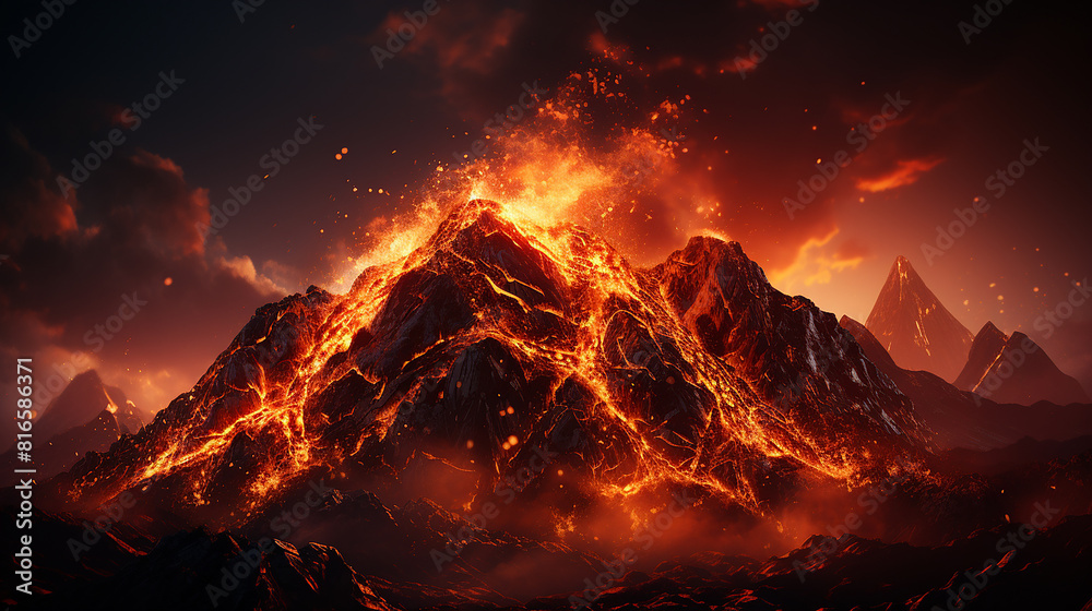 Lava erupts from the mountain and flows down