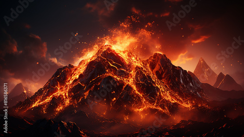 Lava erupts from the mountain and flows down photo