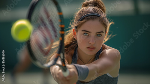 AI generated illustration of a female tennis player competing on a court © Wirestock