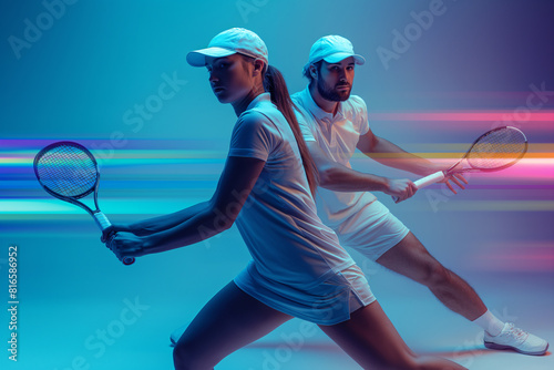 AI generated illustration of a studio shot of mixed doubles tennis players on a white background photo