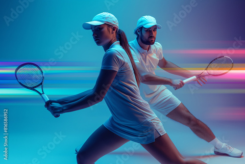 AI generated illustration of a studio shot of mixed doubles tennis players on a white background