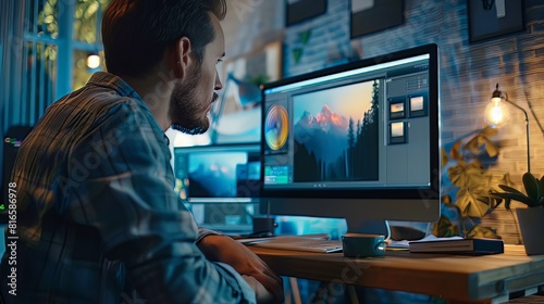 Graphic Designer at Work: At a digital workstation, a graphic designer creates stunning visuals, blending colors and typography to produce eye-catching designs for clients 