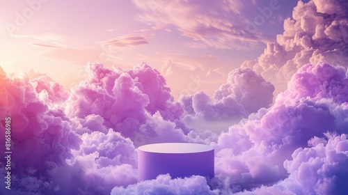 A podium surrounded by clouds of purple and pink hues, creating an atmosphere reminiscent of the sky. against a backdrop with clouds that have a dreamy quality