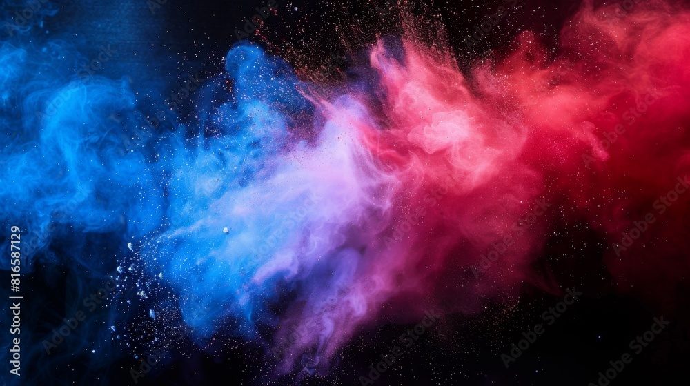 A vibrant and dynamic explosion of blue and pink powder against a contrasting black background, depicting action and energy