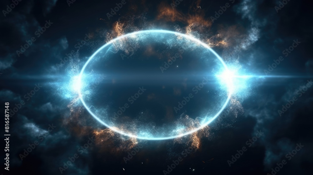 Ethereal energy explosion in celestial cloudscape. A circle magical fire portal surrounded with white smoke and dark background. Cosmic and fantasy concept with copy space. Game background. AIG35.