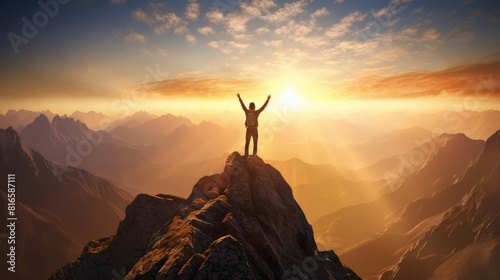 a person standing on a mountaintop with their arms raised in the air photo