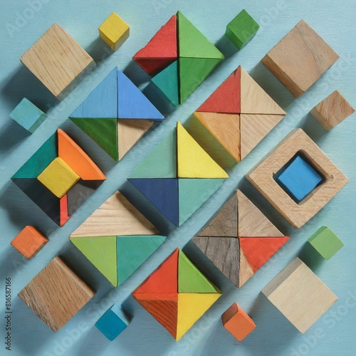 blocks background.an abstract digital wallpaper featuring different colorful wooden puzzle blocks in geometric shapes on a light blue background. Emphasize the harmony of colors and the playful arrang